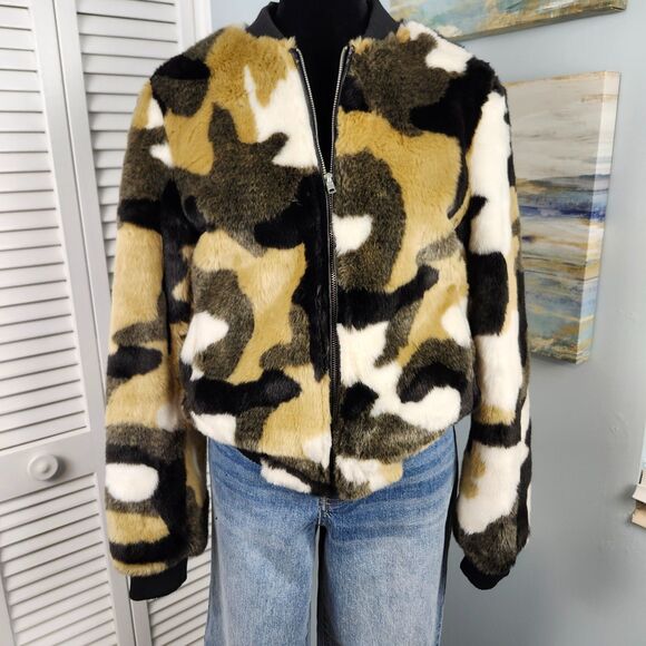 Bagatelle Faux Fur Bomber – XS Multi Camo Flawed Lining Cozy Streetwear - Picture 1 of 10